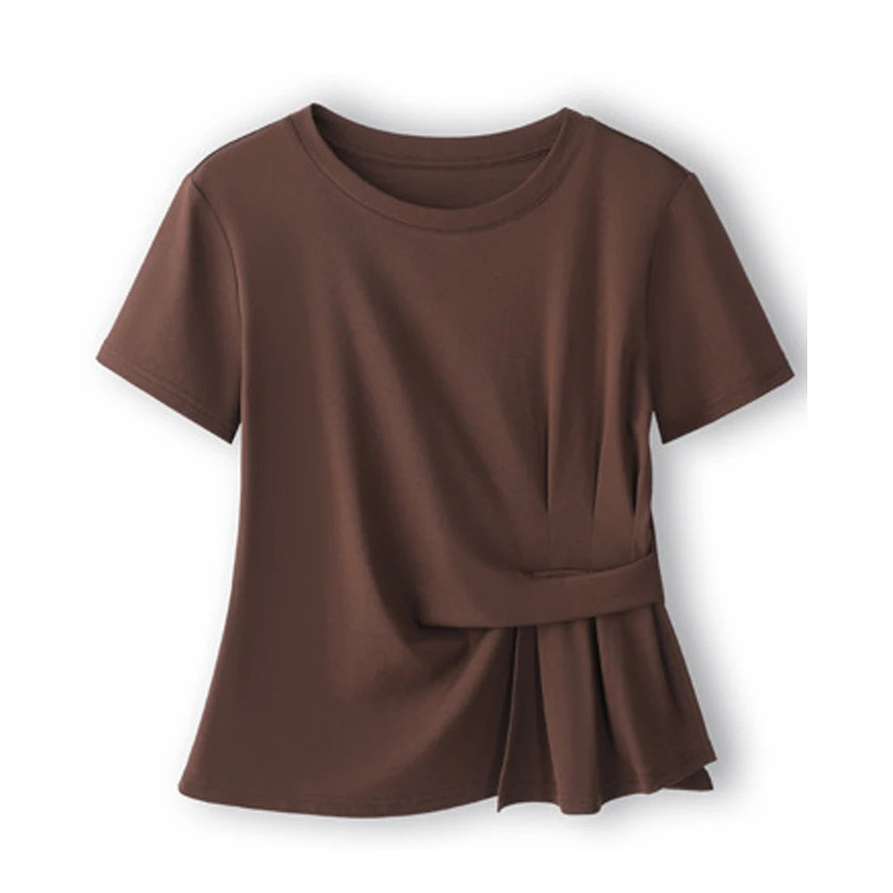 Wine red short sleeved T-shirt for women's summer new high-end cotton fashion plus size irregular round neck casual top