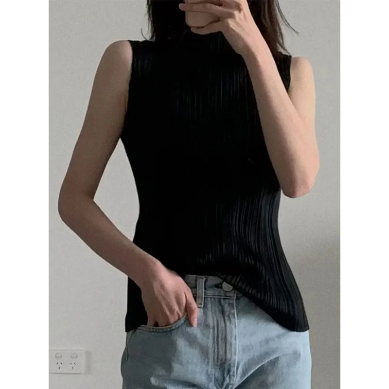 Miyake Pleated Elegant Fashion Temperament Solid Color Half High Neck Sleeveless Women's Vest 2023 Summer New Breathable Top