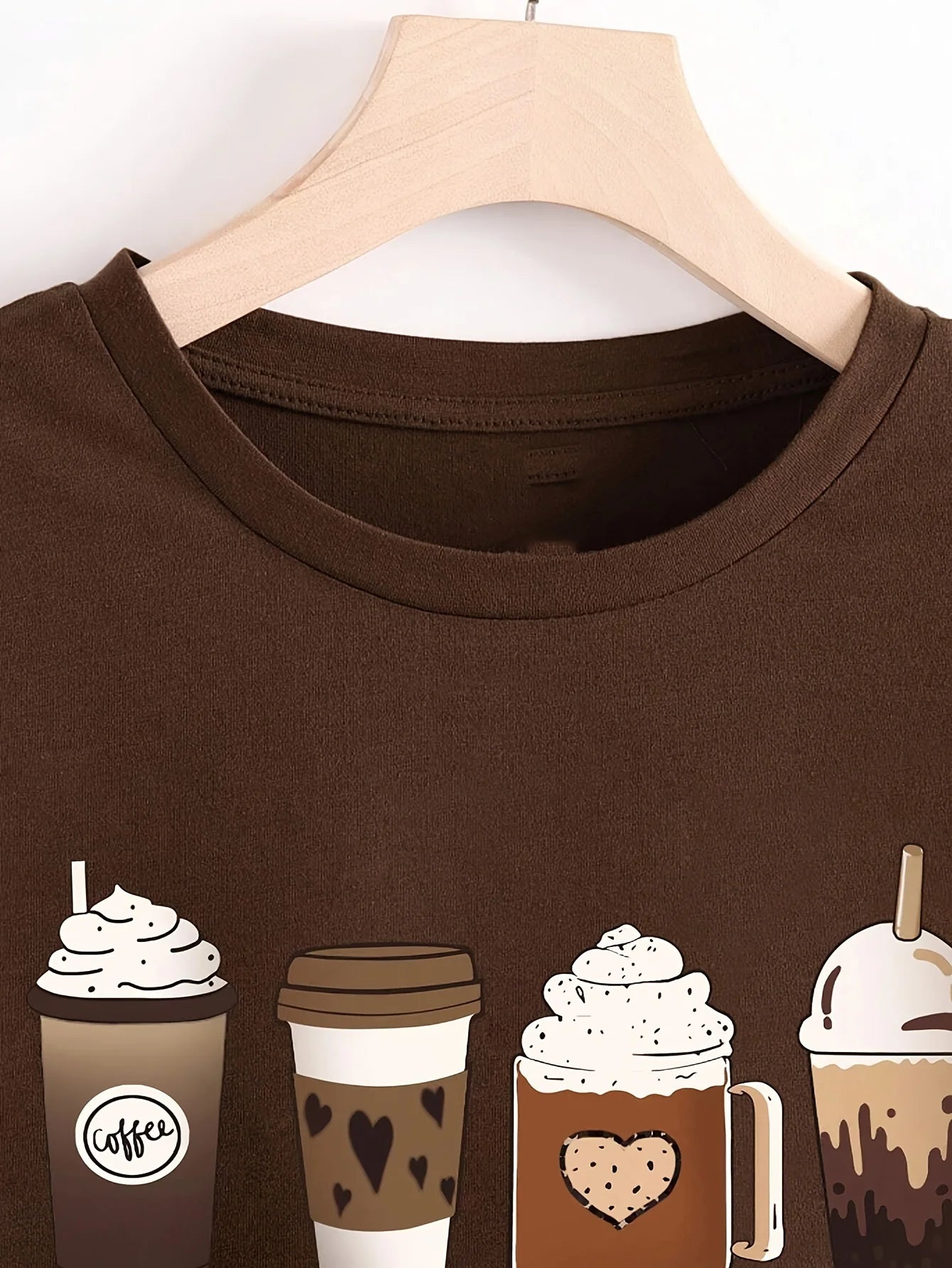 Coffee Lover Graphic Women's Tee - Cute Coffee Cups Print, Casual Brown Top
