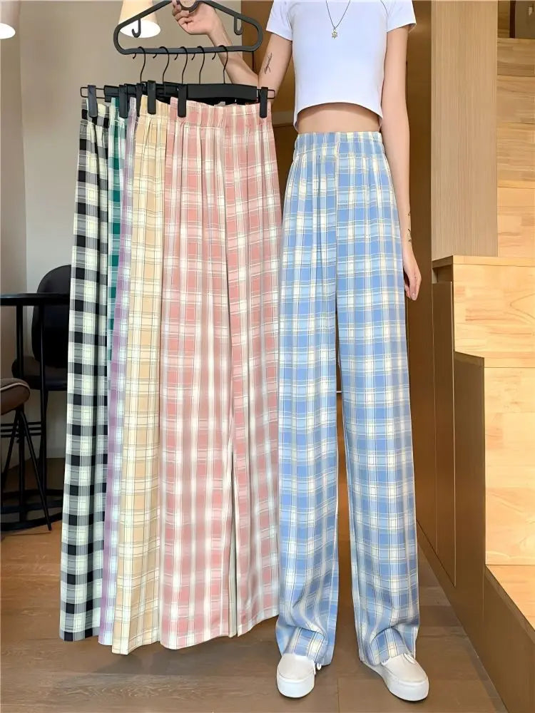 Summer Thin Plaid Pants Women Casual Loose Wide Leg Trousers Korean Style High Waist Hip-hop Streetwear Straight thin Pants