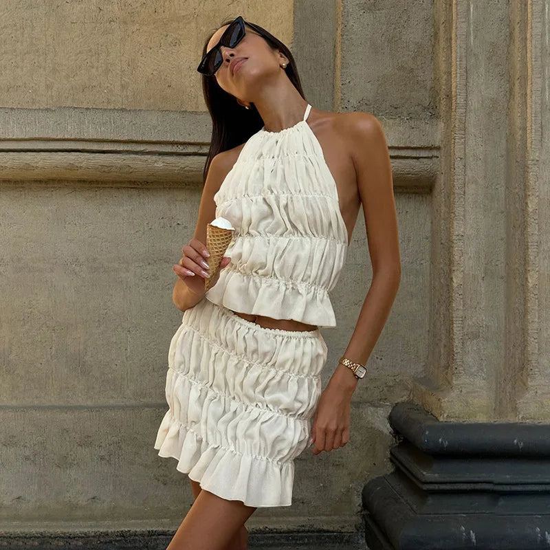 VEITCHE Women Backless Chiffon Mini Skirt Set Sexy Hanging Neck Pleated Solid Color 2025 Summer Beach Vacation Short Skirt Suit