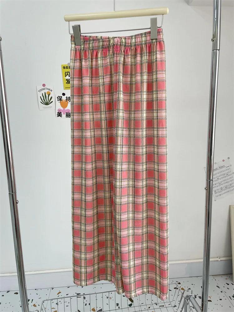 Summer Thin Plaid Pants Women Casual Loose Wide Leg Trousers Korean Style High Waist Hip-hop Streetwear Straight thin Pants
