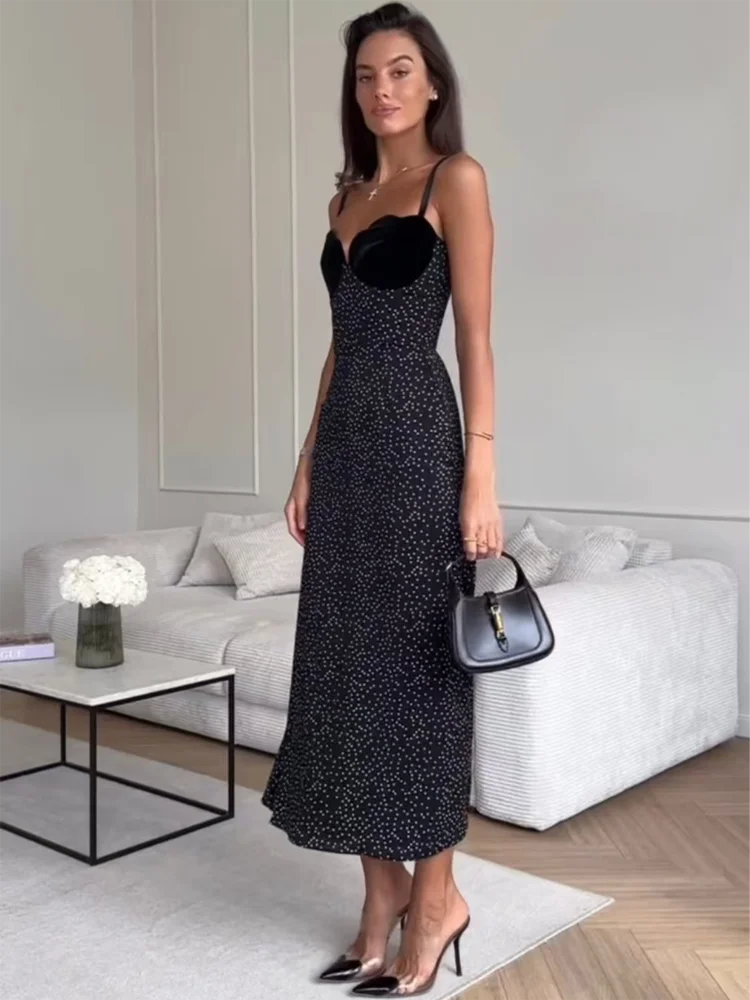 VEITCHE 2025 Women's Holiday Strap Dress Polka Dot Print Sexy A-Line Skirt Commute Wear Casual Women's Fashion