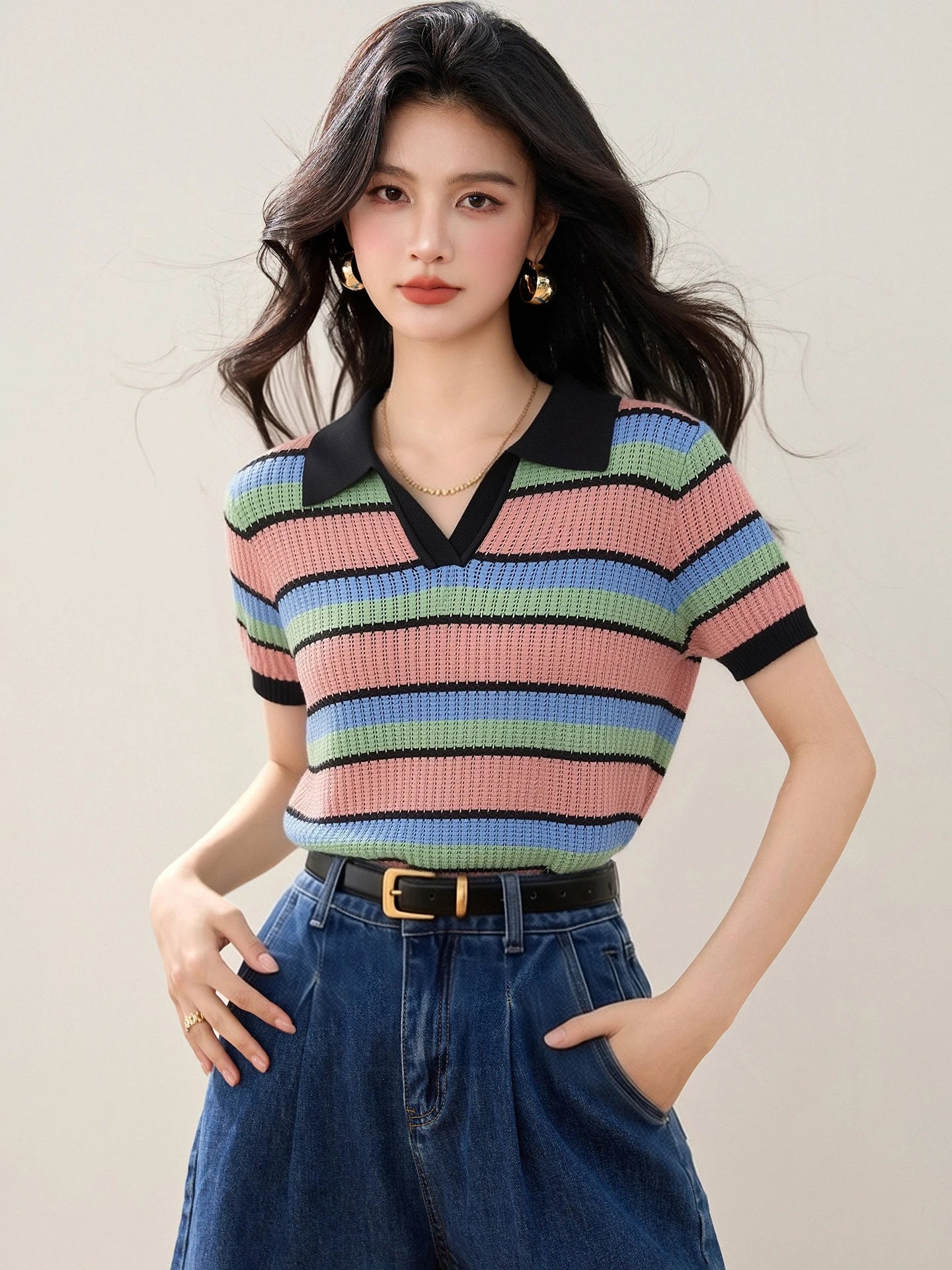 Color-block Striped V-neck Sweet Chic Cropped Top, Women's Fashion Casual Polo Shirt, Korean Style Trendy Casual Women's T-shirt