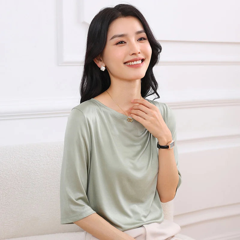 Summer Triacetate Women'S T-Shirt With Three-Quarter Sleeves Silky And Cool Short-Sleeved Asymmetrical Off-Shoulder Design