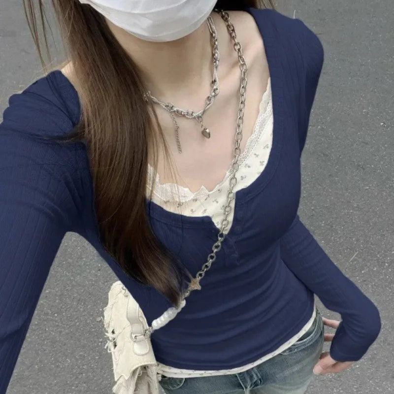 Women Streetwear Fake Two Pieces Long Sleeve T-shirt Floral Lace Trim Casual Slim Fit Tees Female Autumn Winter Bottoming Top
