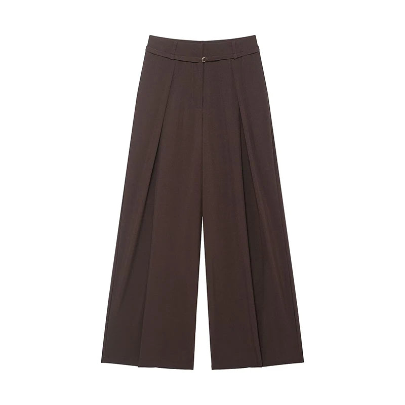 Willshela Women Fashion With Belt Coffee Front Zipper Pleated Wide Leg Pants Vintage Mid Waist Full Length Female Chic Trousers