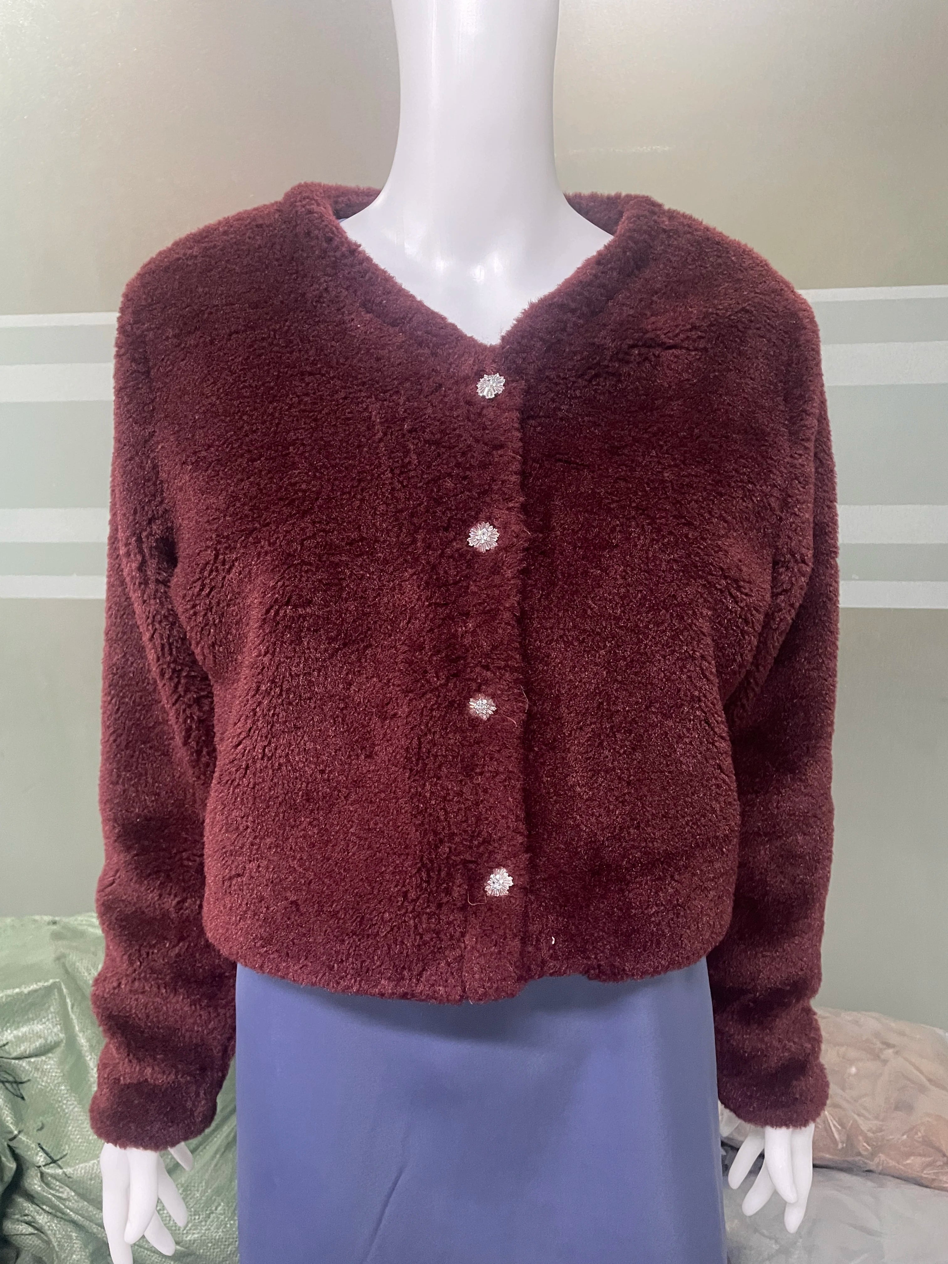 2026 Autumn Winter Women Wine Red Thick Warm Coat Long Sleeve V-neck Soft Fleece Jacket Precious Bright diamond button Warm Wear