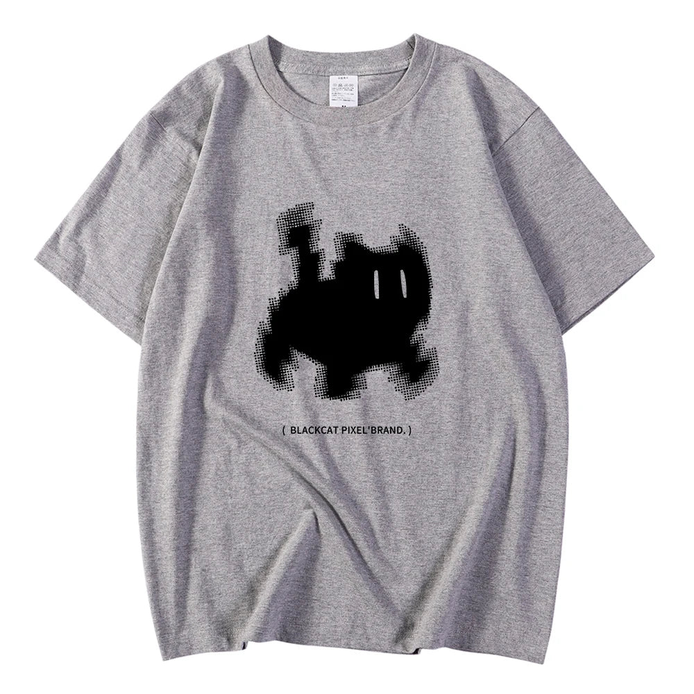 Korean Fashion Womens T-Shirts Black Cat Pixel Cartoons Printing Tops Comfortable Soft O-Neck Loose Short Sleeve Female Clothes