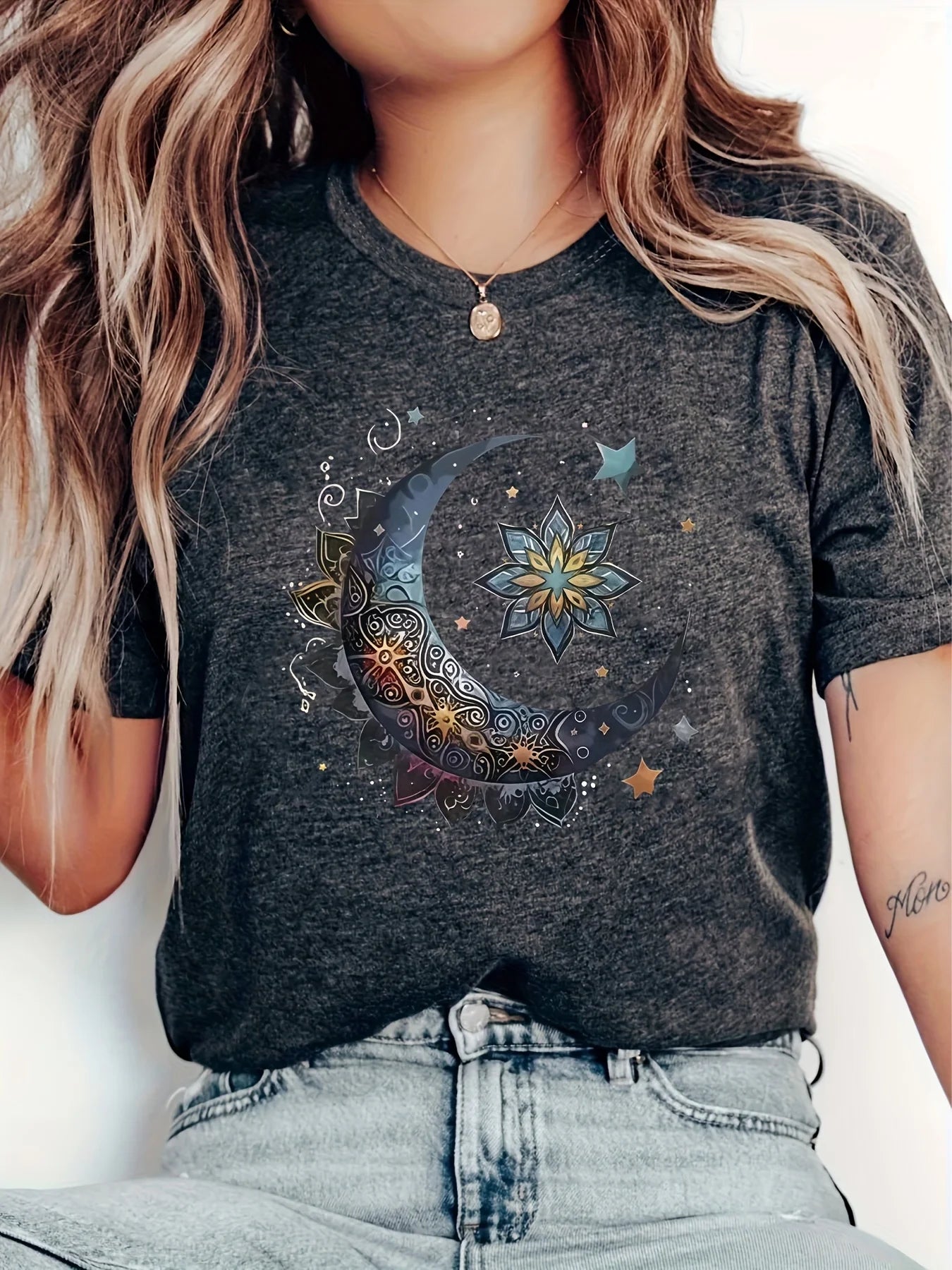 Moon Mandala Women's Tee - Boho Celestial Graphic, Casual Dark Gray Top