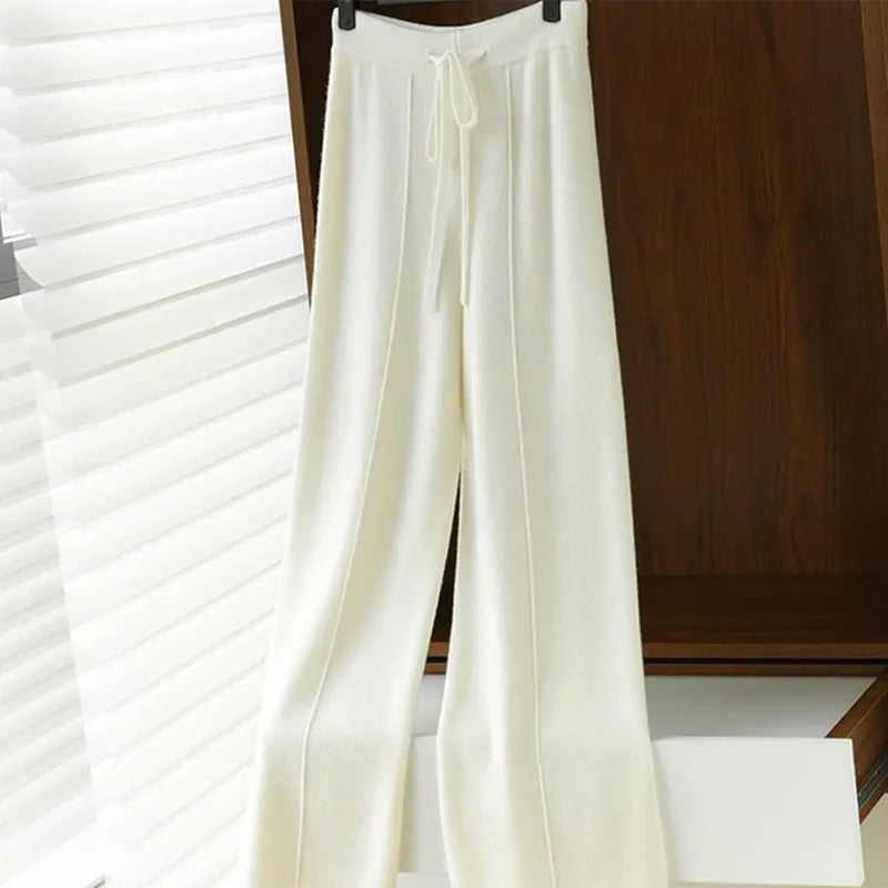 New Women Autumn Winter Wide-Leg Pants 100% Merino Wool High Waist Trousers High Quality Soft Casual Straight Leg Slacks Popular