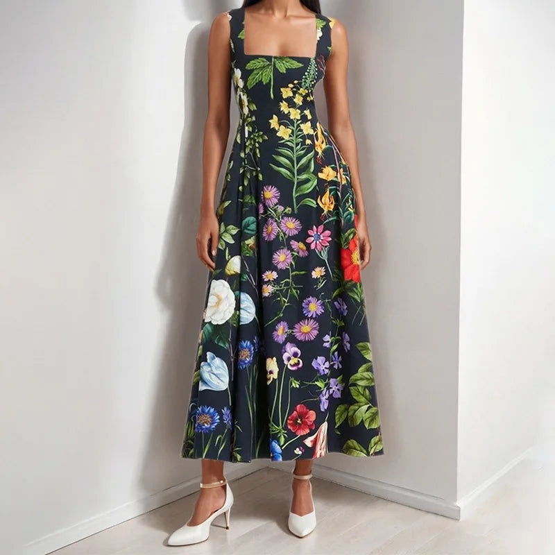 2025 Spring Summer New Fashion Women's Dress Square Collar Backless Sexy Floral Print Tie-Back Large Hem Casual Out Wear Dress