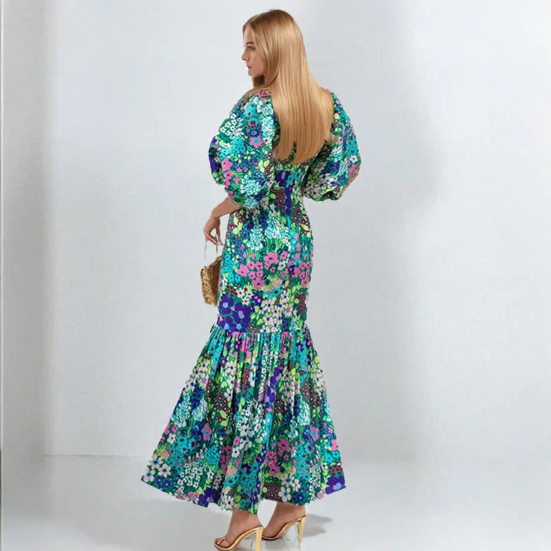 VEITCHE Summer Elegant Women Blue Flower Print Dress Lantern Sleeve And Ankle  Slim Bodycon O-neck Pastoral Style Party Dress