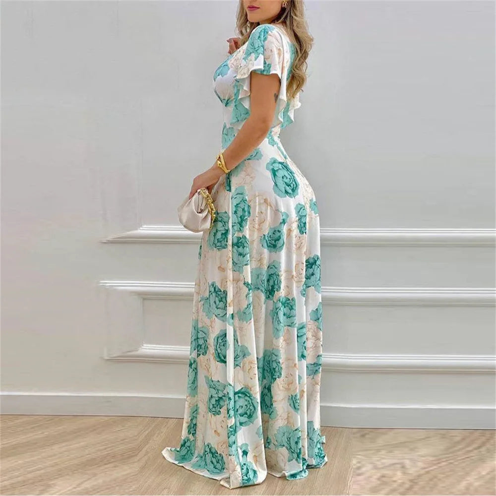 VEITCHE New Fashion Women's Summer Flower Print Long Dress Commuter V-neck Bell Sleeve Waist Wrap Loose Large hem Oversize Dress