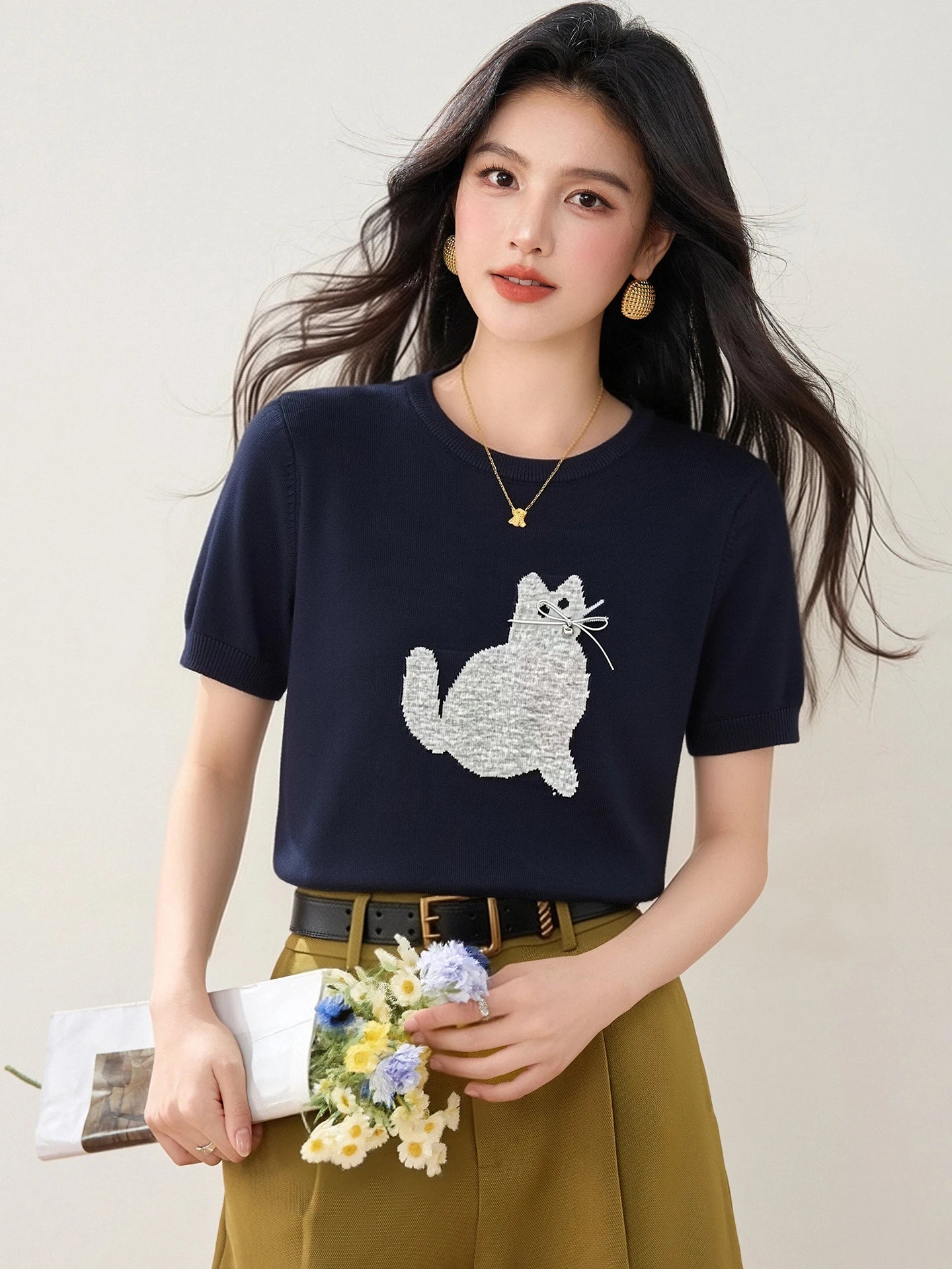 New Summer Cute Cartoon Cat Crew Neck Short Sleeve Printed T-Shirt Versatile Pullover Korean Style Fashion Casual Women's Top