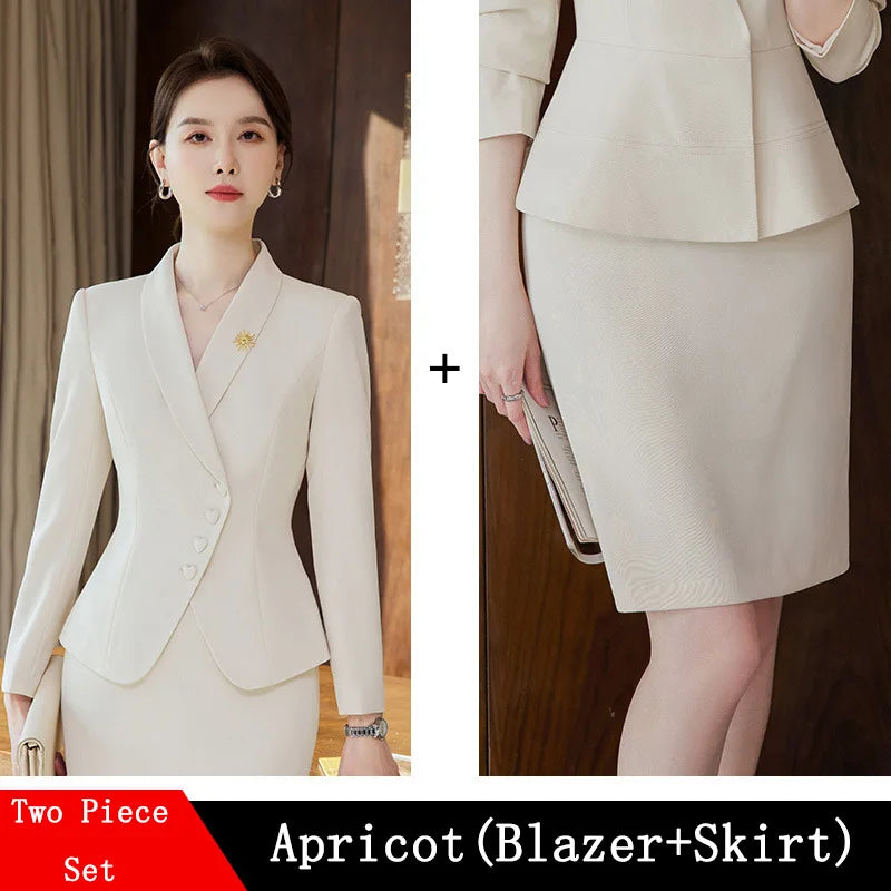 Office Business Women's Suit Pants Two-piece Set 2024 New Spring Autumn Long Sleeve Heart Button Jacket Slim Trousers Skirts
