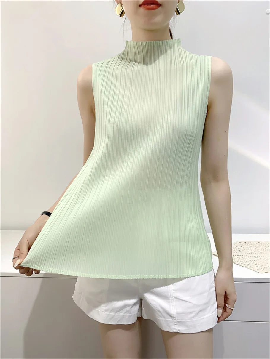 Miyake Pleated Elegant Fashion Temperament Solid Color Half High Neck Sleeveless Women's Vest 2023 Summer New Breathable Top
