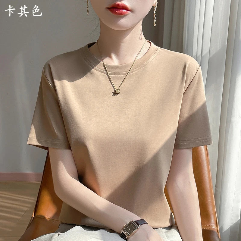 Summer Round Neck Cotton Short-Sleeved Women's T-Shirt Loose Pure Casual Top Mercerized Cotton Bottoming Shirt