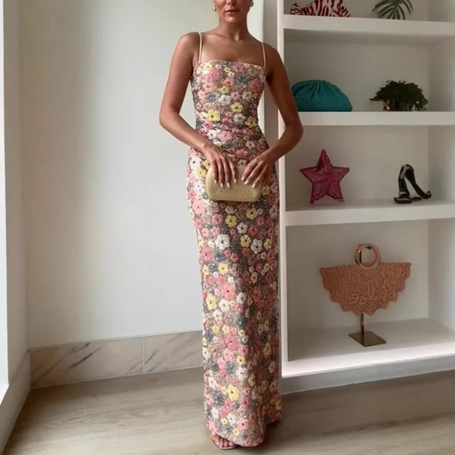 Summ Women Flowers Sequin Patchwork Slim Party Long Dress Strapless Fashion Maxi Dress, Sexy Sleeveless Ladies Dress Vestidos