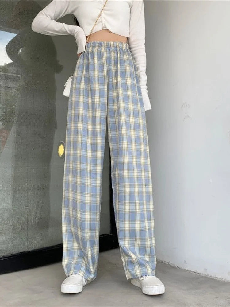 Summer Thin Plaid Pants Women Casual Loose Wide Leg Trousers Korean Style High Waist Hip-hop Streetwear Straight thin Pants