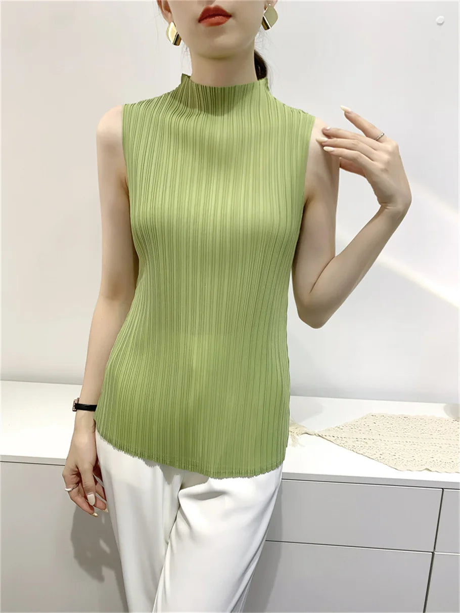 Miyake Pleated Elegant Fashion Temperament Solid Color Half High Neck Sleeveless Women's Vest 2023 Summer New Breathable Top
