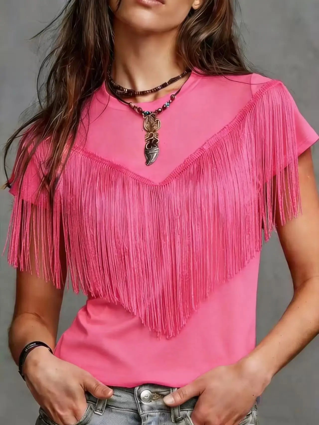New Women's round Neck Solid Color Tassel Design Short Sleeve T-Shirt Fashionable Ladies' Top