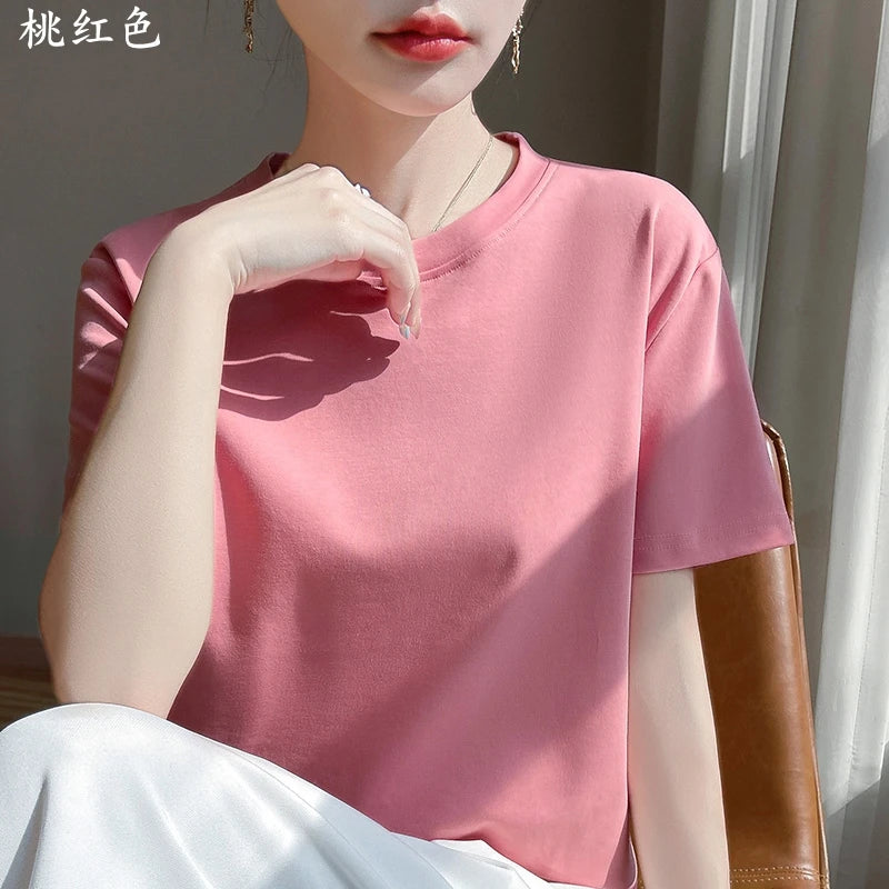 Summer Round Neck Cotton Short-Sleeved Women's T-Shirt Loose Pure Casual Top Mercerized Cotton Bottoming Shirt