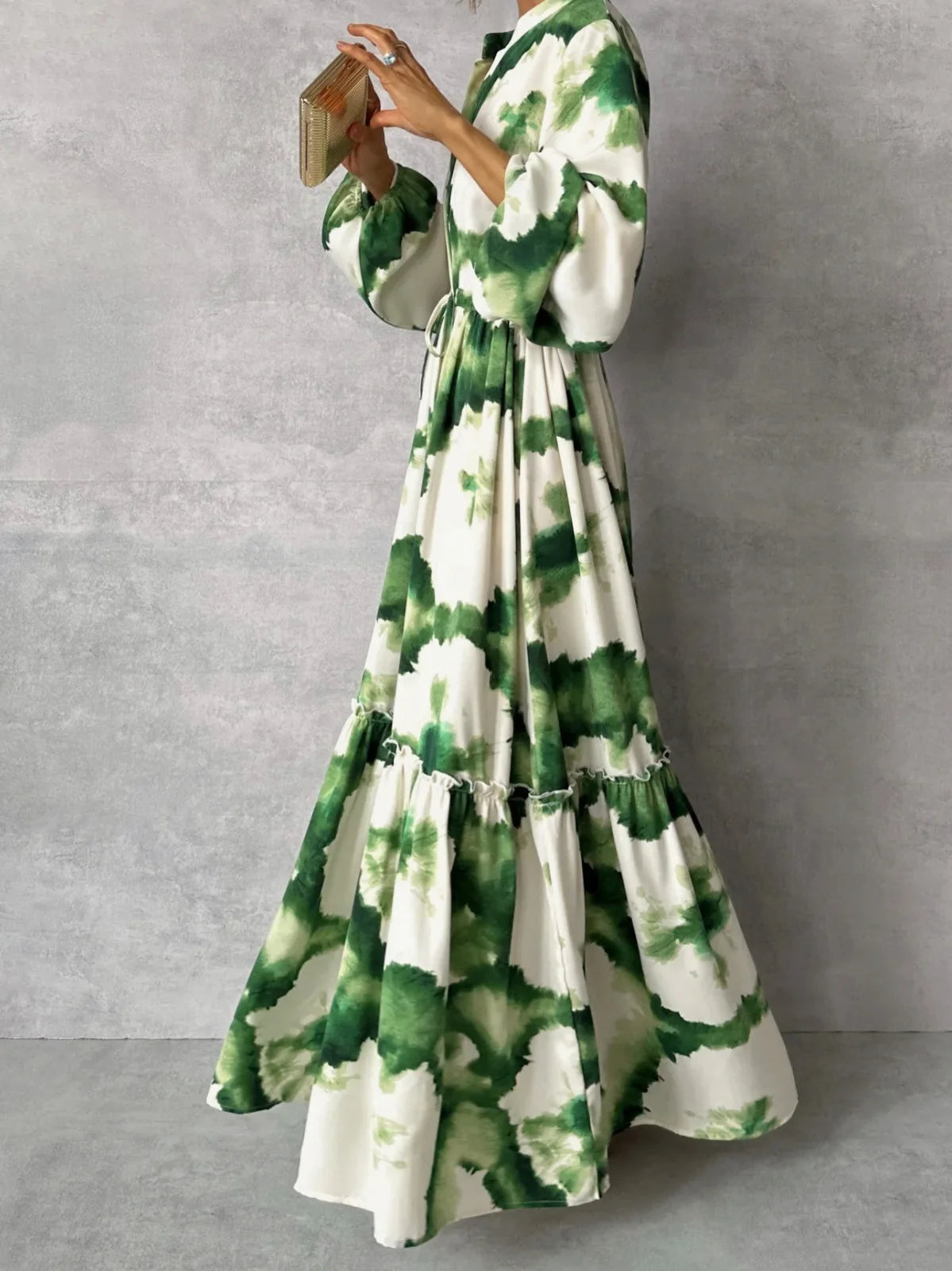 New Women Pile Up Sleeves A-Line Loose Long Dress Fashionable Green Floral print V Neck Casual Lace Up Dress Summer Wear