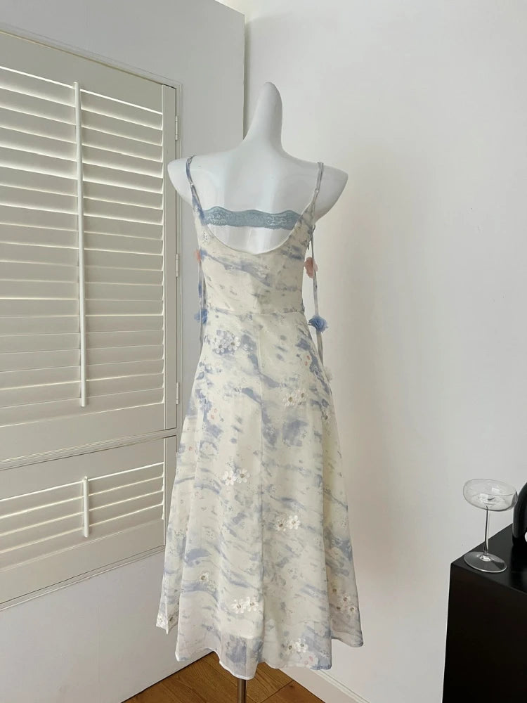 2025 Fairy Print Midi Dress Women Fashion Elegant Vacation Floral Spaghetti Strap Dresses Summer Korean Sexy Bodycon Vestidos