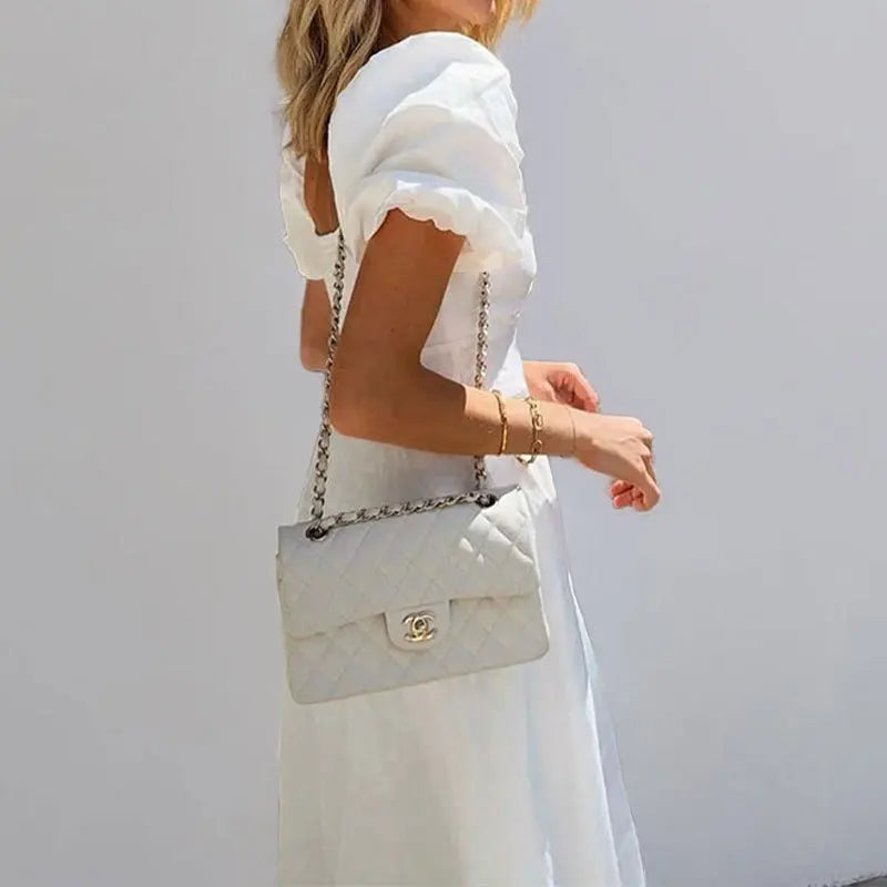 VEITCHE Summer Fashion Womens White Long Dresses Elegant Short Sleeve V-Neck Hollow Out Dresses High Waisted Casual Dress