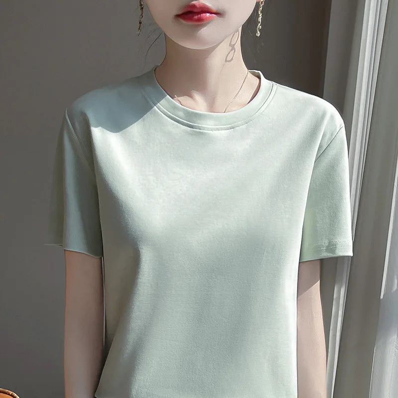 Summer Round Neck Cotton Short-Sleeved Women's T-Shirt Loose Pure Casual Top Mercerized Cotton Bottoming Shirt