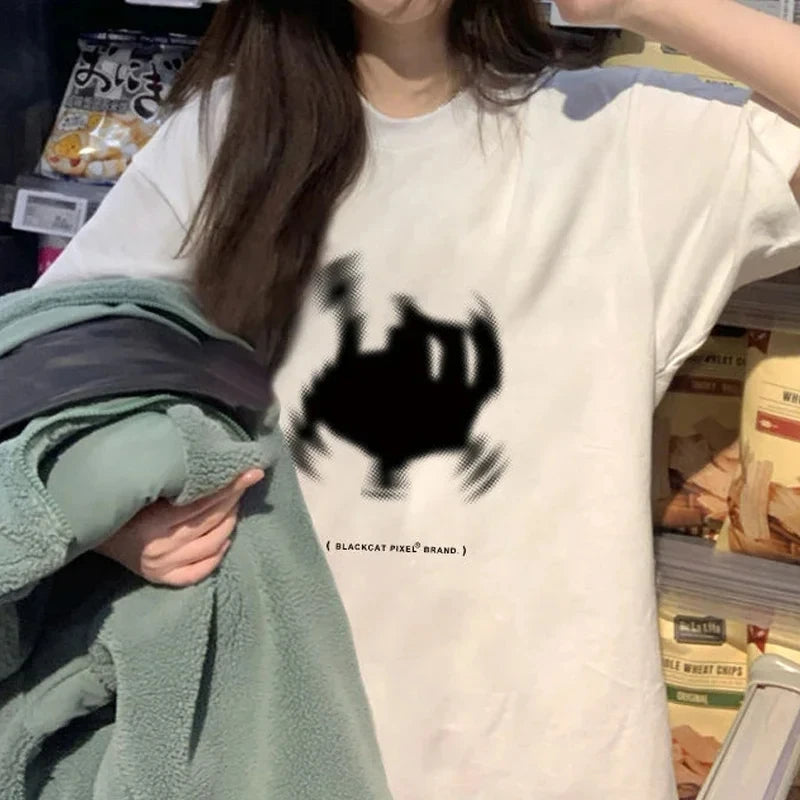 Korean Fashion Womens T-Shirts Black Cat Pixel Cartoons Printing Tops Comfortable Soft O-Neck Loose Short Sleeve Female Clothes