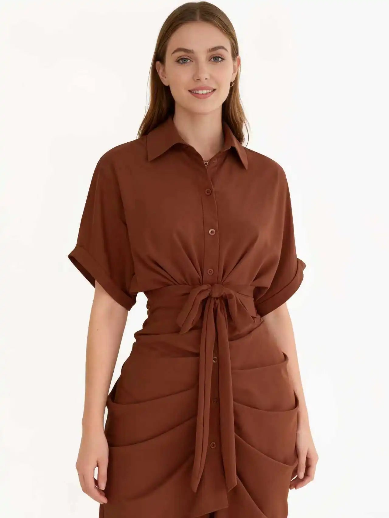 New Fashion Women Irregular Pleated Lace-Up Dress Empire Waist Knee-Length Casual Short Sleeve Office Lady Shirt Dresses