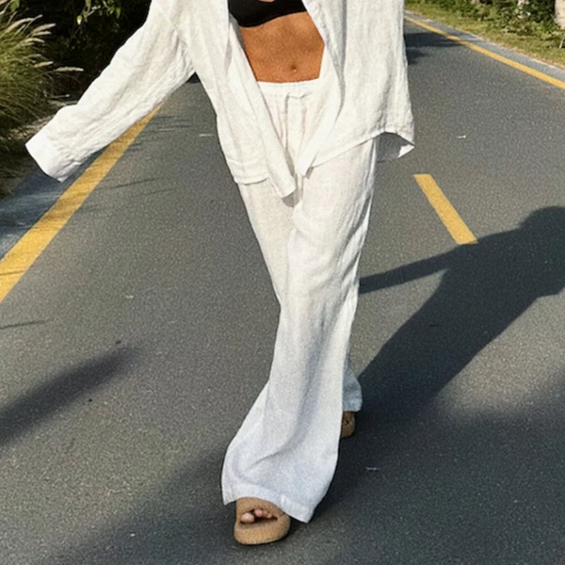Elegant Cotton Linen Baggy Pants Fashion Women High Waist Drawstring Pocket Loose Wide Leg Pant Casual Streetwear New Trousers