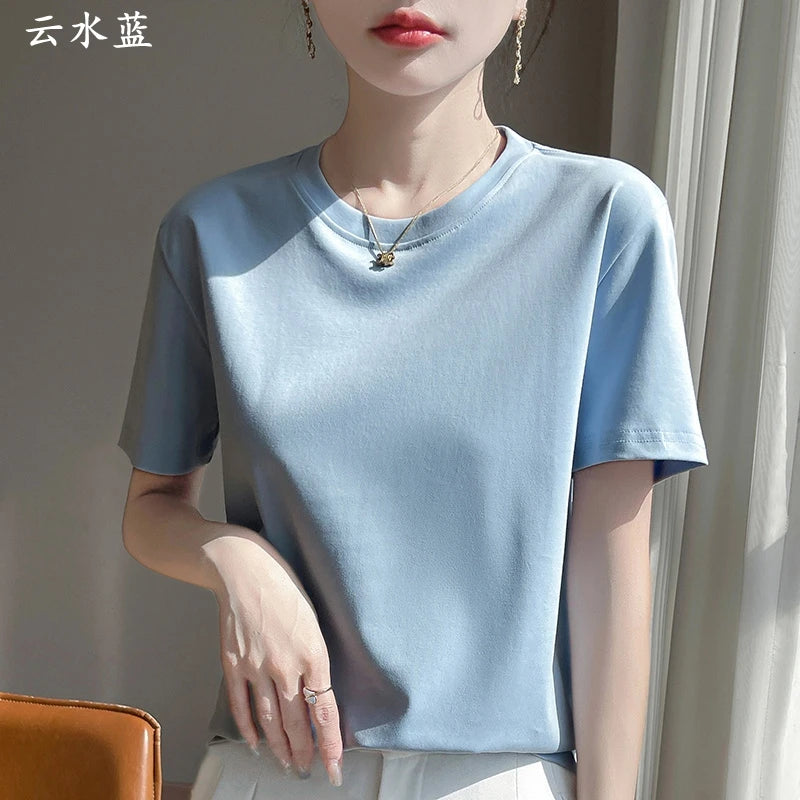 Summer Round Neck Cotton Short-Sleeved Women's T-Shirt Loose Pure Casual Top Mercerized Cotton Bottoming Shirt