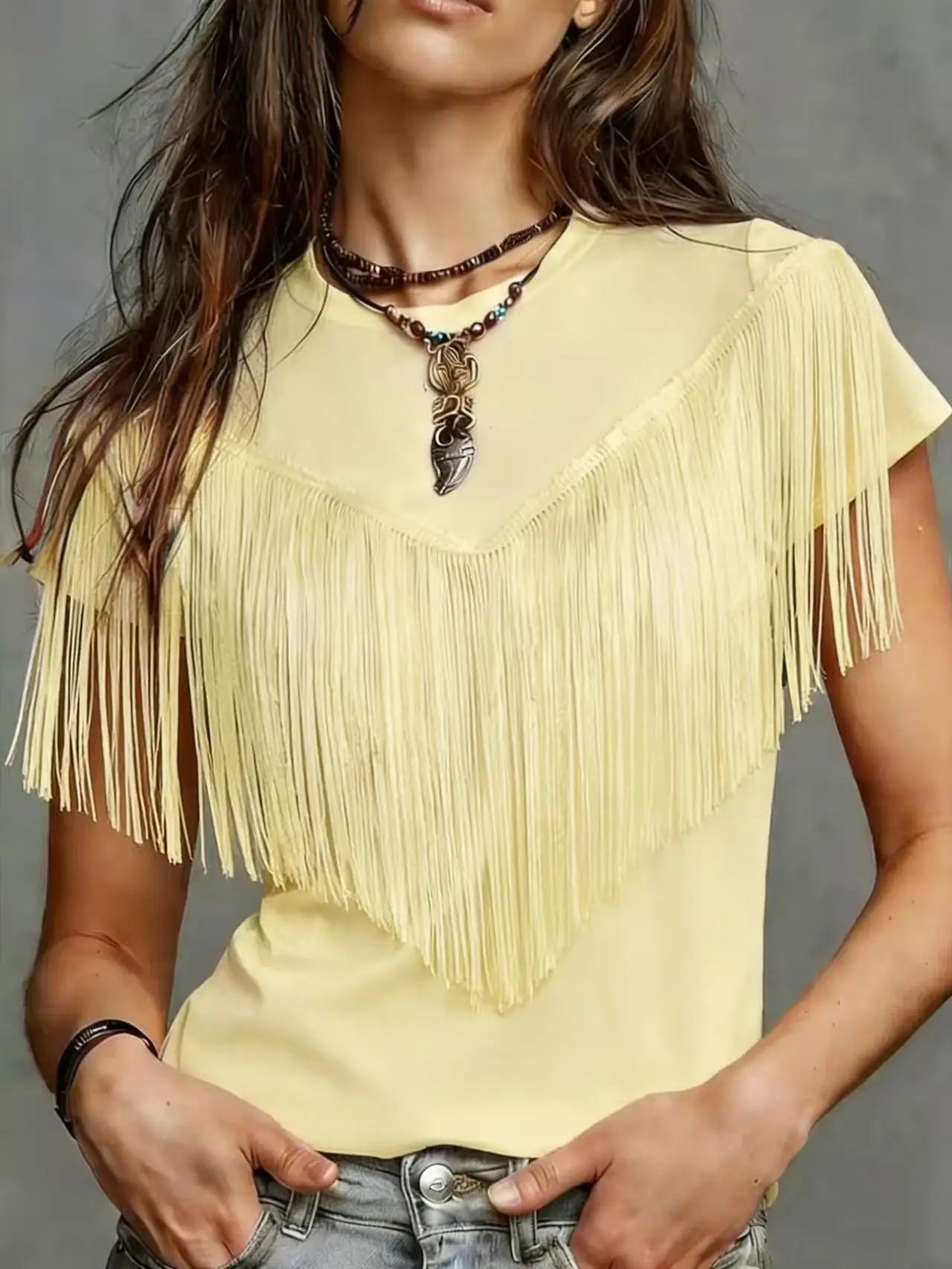 New Women's round Neck Solid Color Tassel Design Short Sleeve T-Shirt Fashionable Ladies' Top