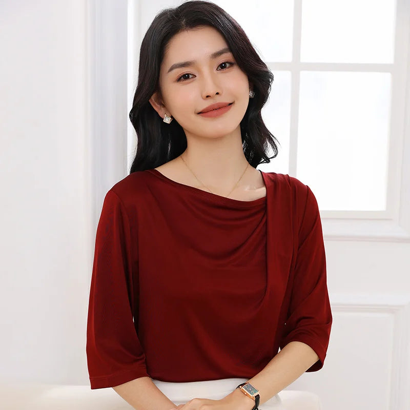 Summer Triacetate Women'S T-Shirt With Three-Quarter Sleeves Silky And Cool Short-Sleeved Asymmetrical Off-Shoulder Design