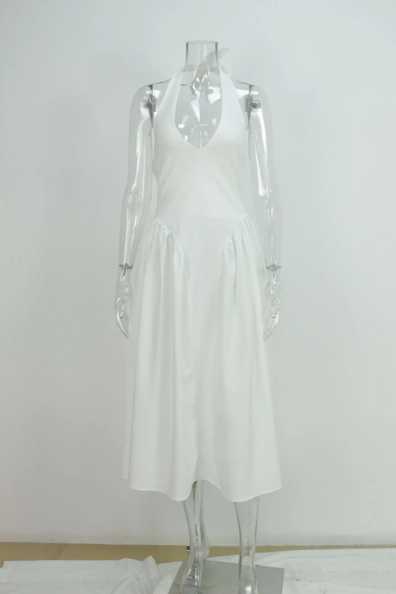 Summer French Style Women Party Dress Socialite Deep V Neck Long Dress Sexy Halter Gathered Waist Slim Fit Solid color Gown