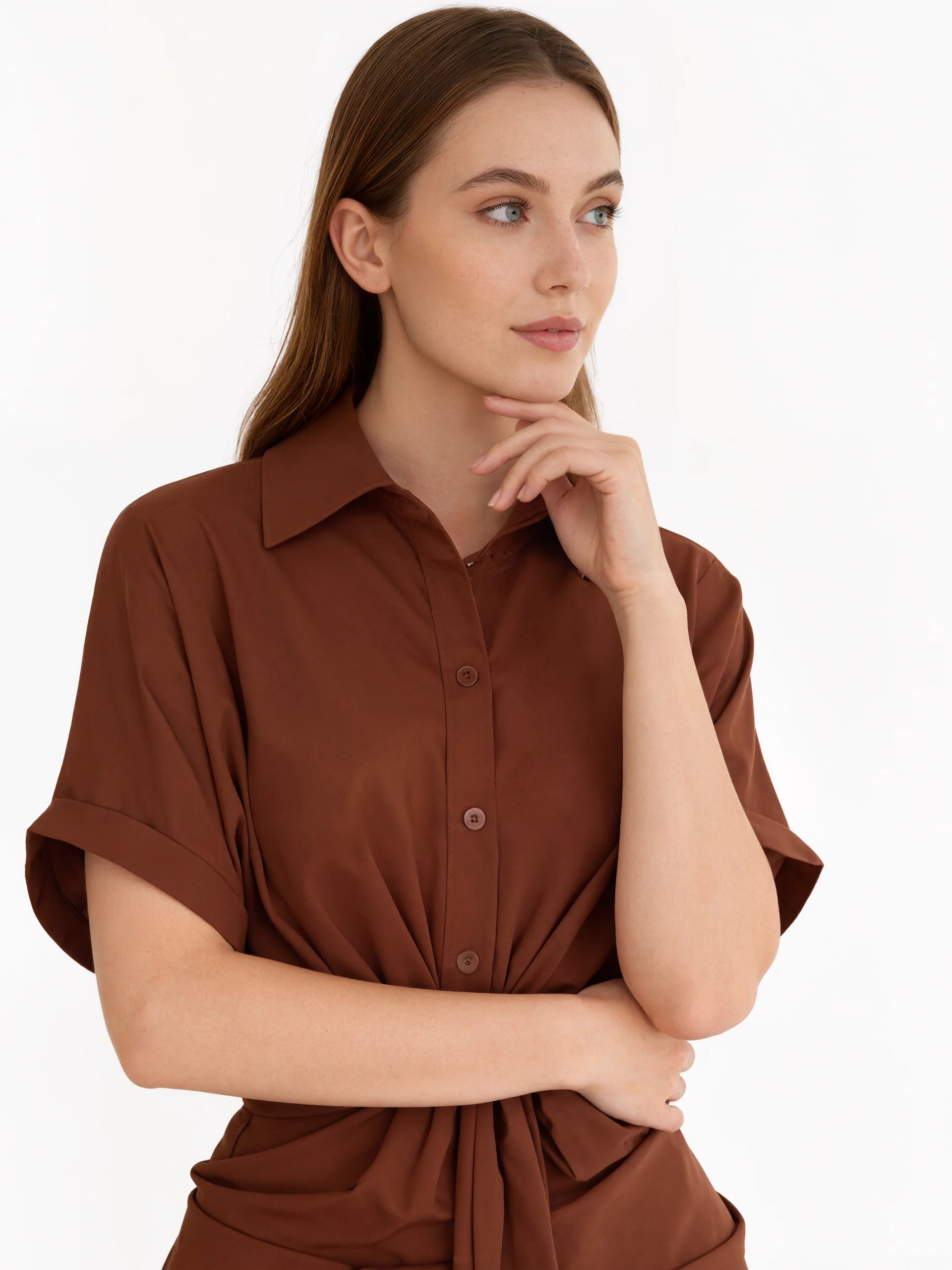 New Fashion Women Irregular Pleated Lace-Up Dress Empire Waist Knee-Length Casual Short Sleeve Office Lady Shirt Dresses