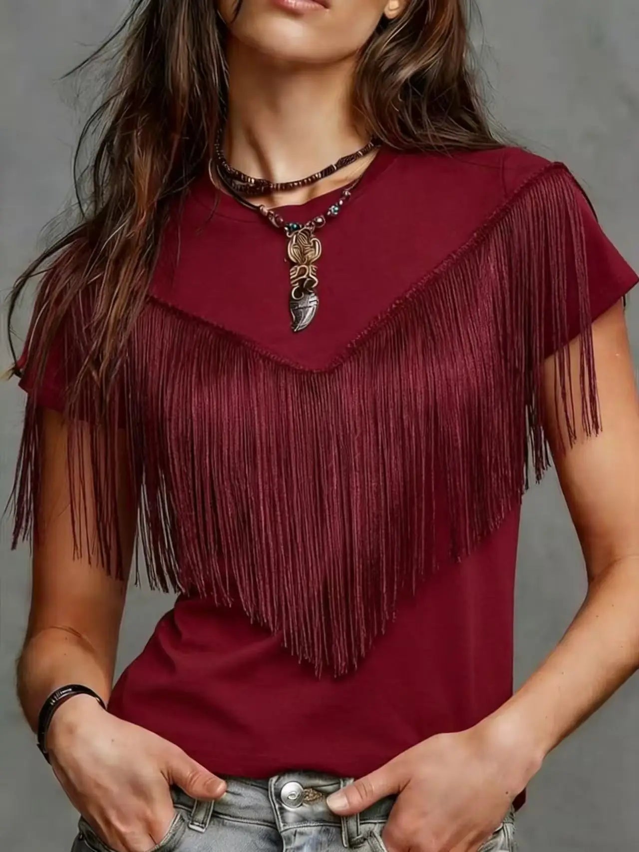 New Women's round Neck Solid Color Tassel Design Short Sleeve T-Shirt Fashionable Ladies' Top