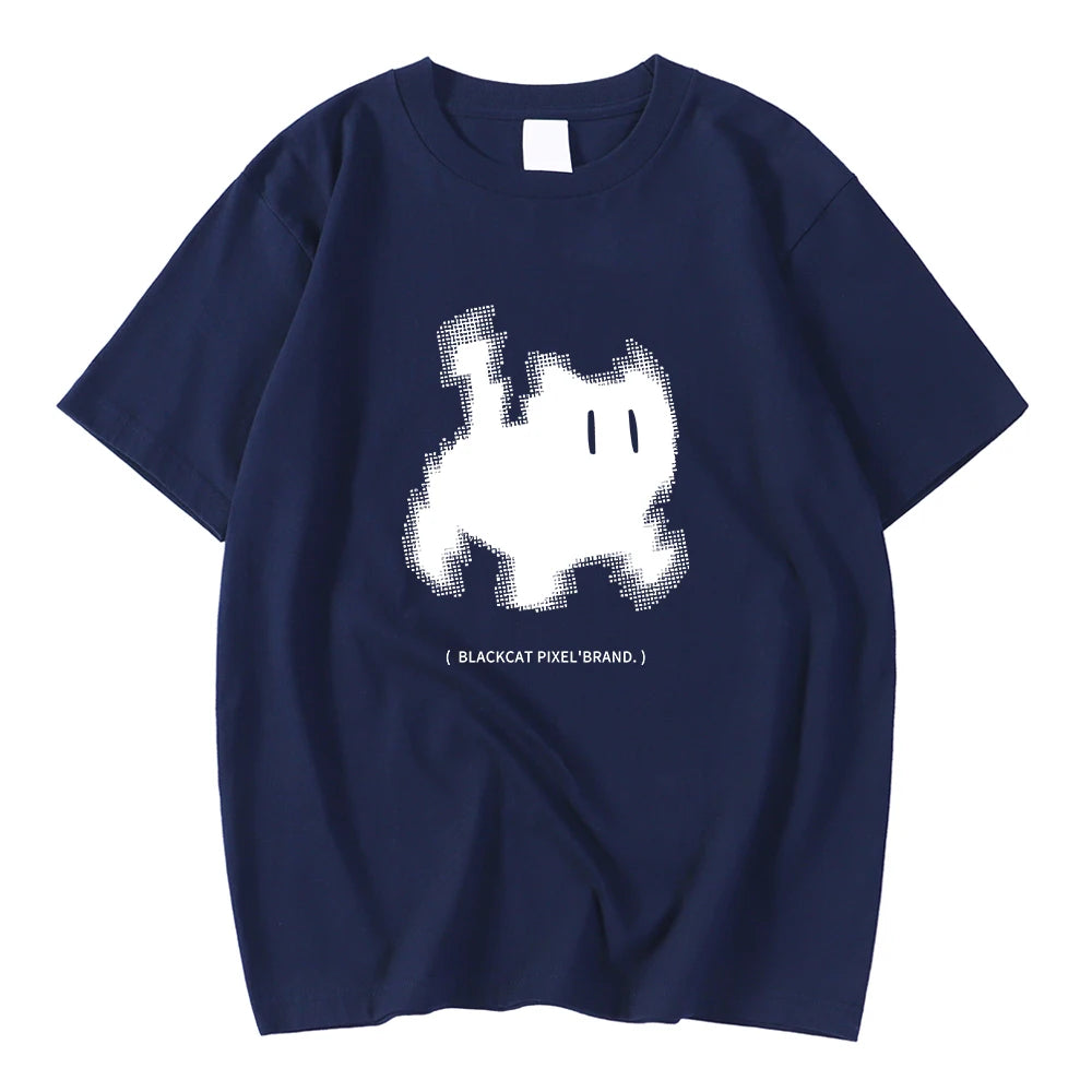Korean Fashion Womens T-Shirts Black Cat Pixel Cartoons Printing Tops Comfortable Soft O-Neck Loose Short Sleeve Female Clothes