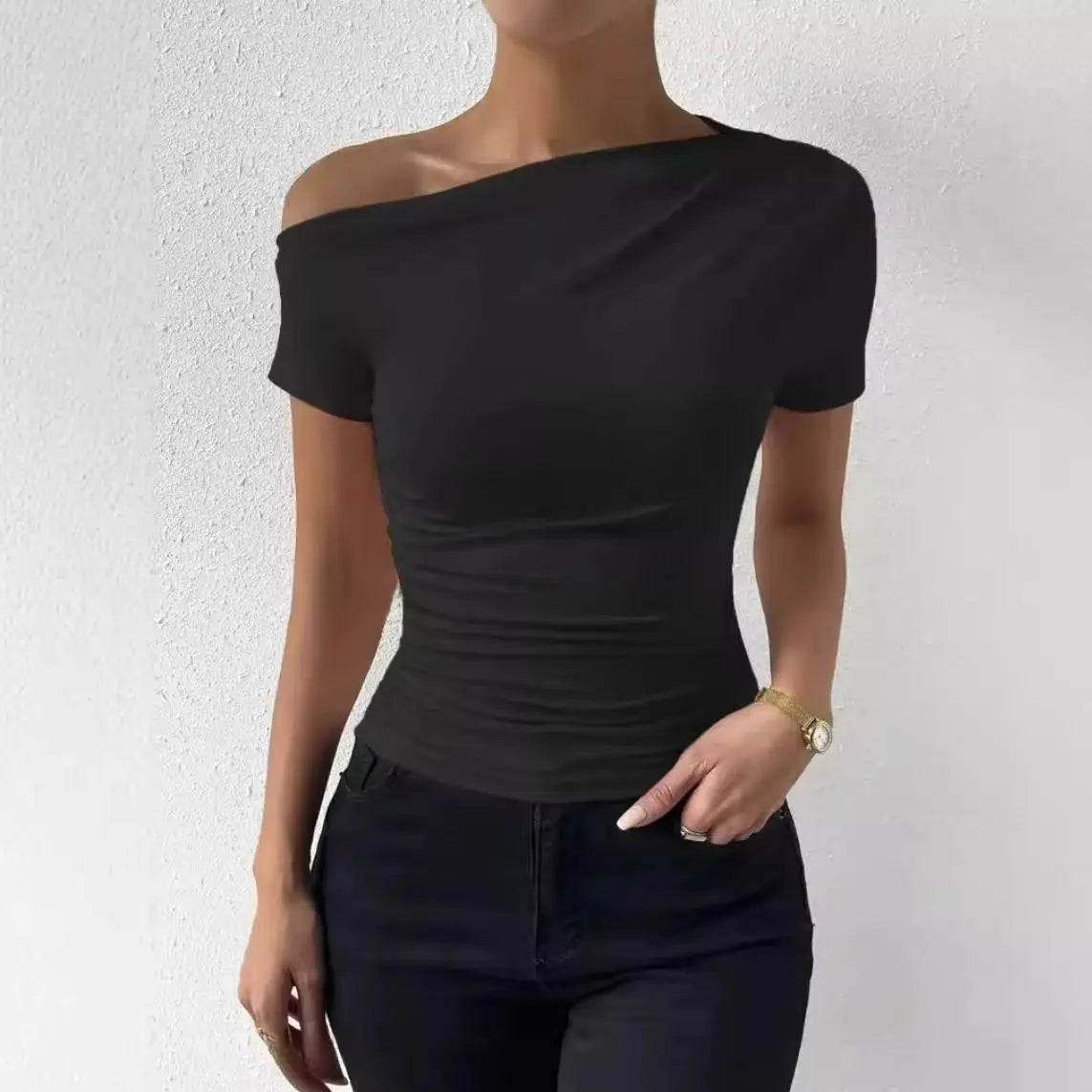 2026 New Women's Off-Shoulder Pleated Top Summer Y2K Sexy Crew Neck Short Sleeve Fashionable Elegant Slim-Fit Top