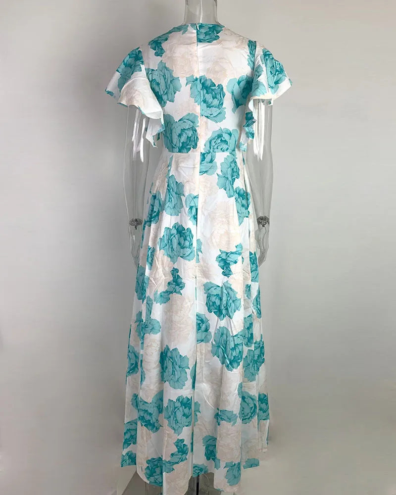 VEITCHE New Fashion Women's Summer Flower Print Long Dress Commuter V-neck Bell Sleeve Waist Wrap Loose Large hem Oversize Dress