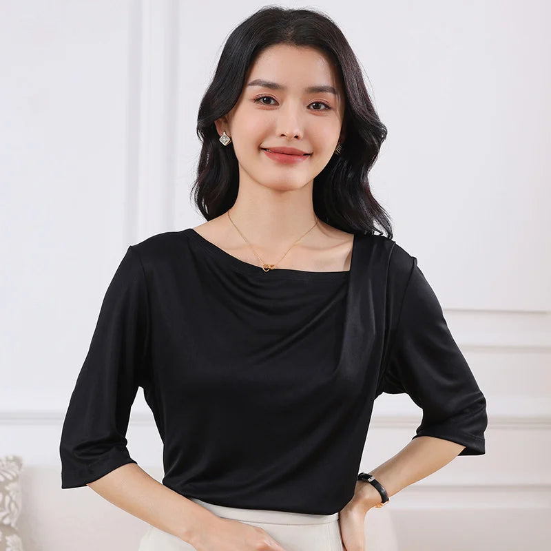 Summer Triacetate Women'S T-Shirt With Three-Quarter Sleeves Silky And Cool Short-Sleeved Asymmetrical Off-Shoulder Design