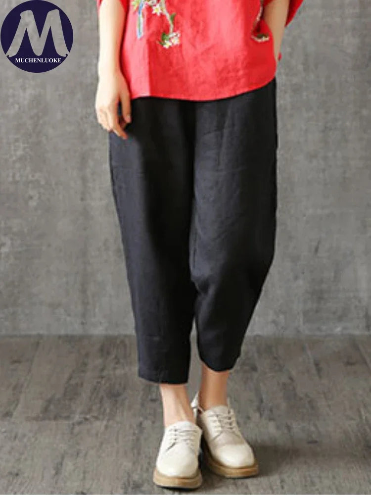 Summer Solid High-Waisted Elastic Waist Pants for Women Korean Fashion Casual Loose Haren Streetwear