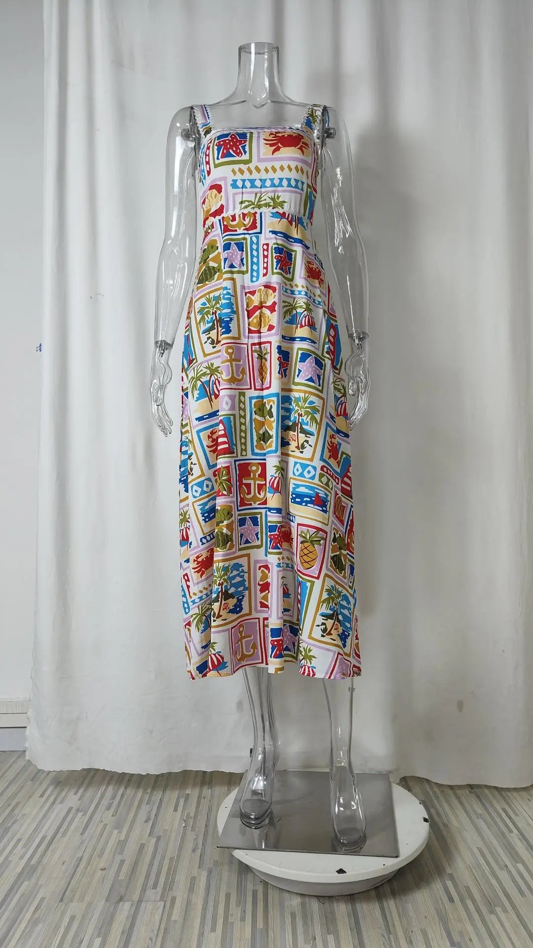 VEITCHE Fruit Plant Print Holiday Women Dress High Waist Slim Sleeveless Beach A-line Suspended Dress Square Collar Summer 2025