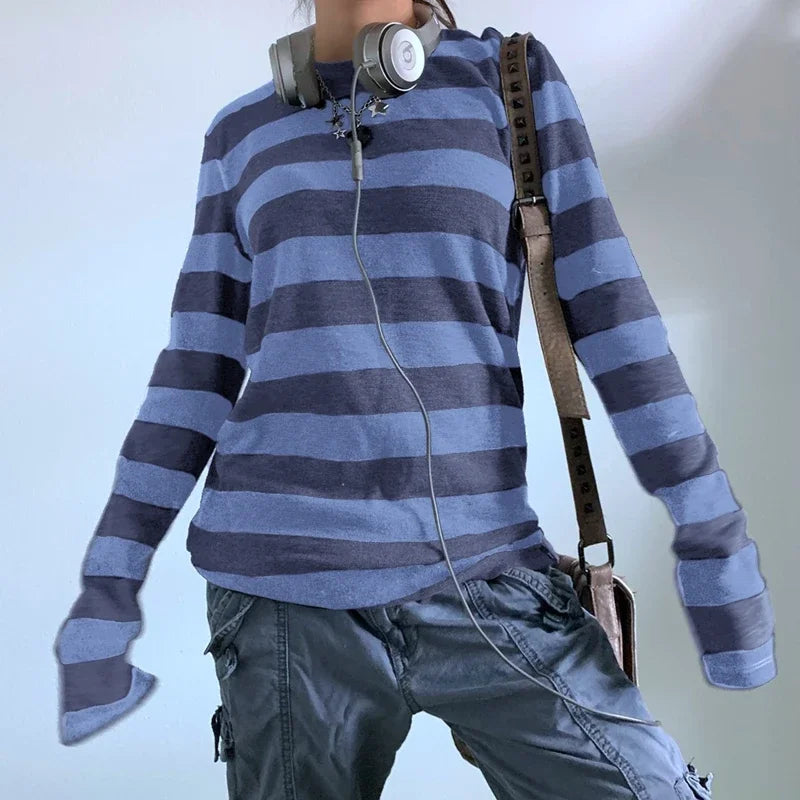 Women Teen Girls Fairy Grunge Y2k Long Sleeve Baggy Shirt Tops Striped Baby Tees Vintage Streetwear T-Shirt Autumn Clothes
