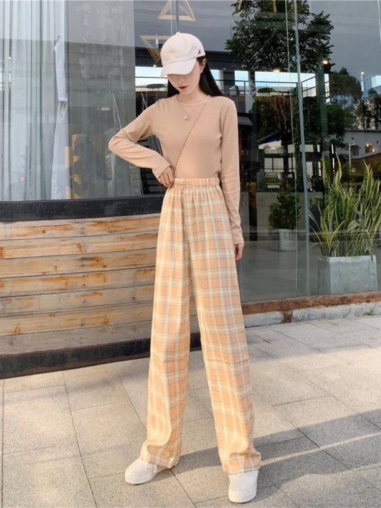 Summer Thin Plaid Pants Women Casual Loose Wide Leg Trousers Korean Style High Waist Hip-hop Streetwear Straight thin Pants