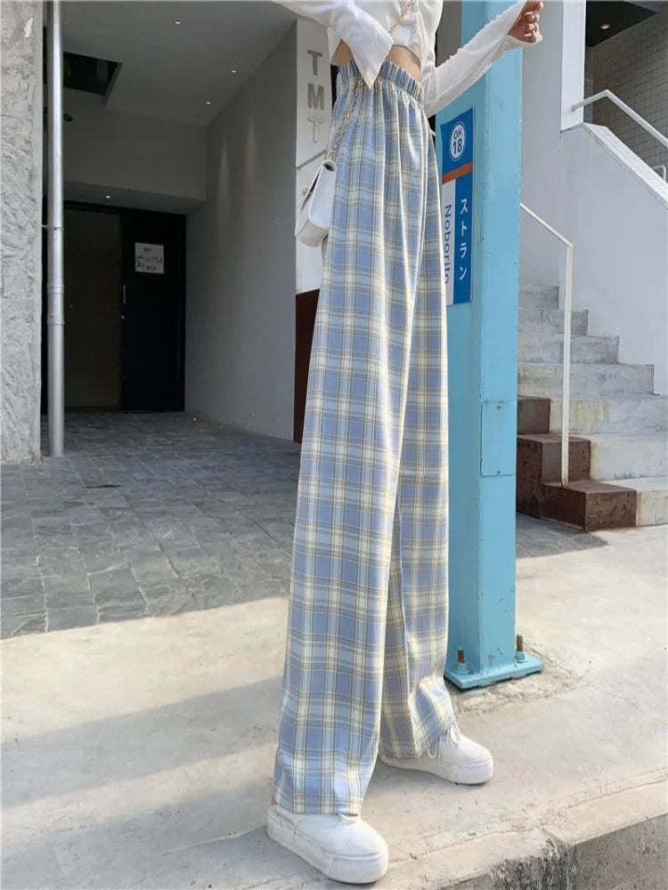 Summer Thin Plaid Pants Women Casual Loose Wide Leg Trousers Korean Style High Waist Hip-hop Streetwear Straight thin Pants