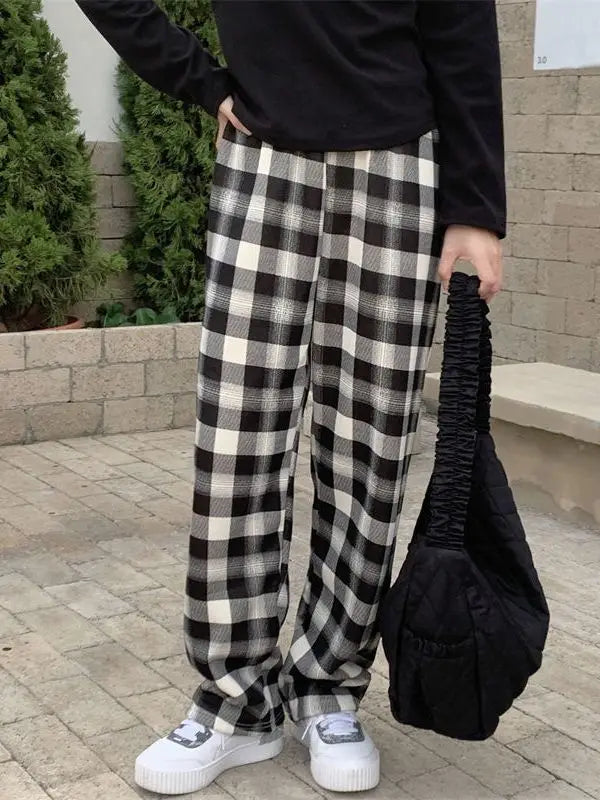 Summer Thin Plaid Pants Women Casual Loose Wide Leg Trousers Korean Style High Waist Hip-hop Streetwear Straight thin Pants